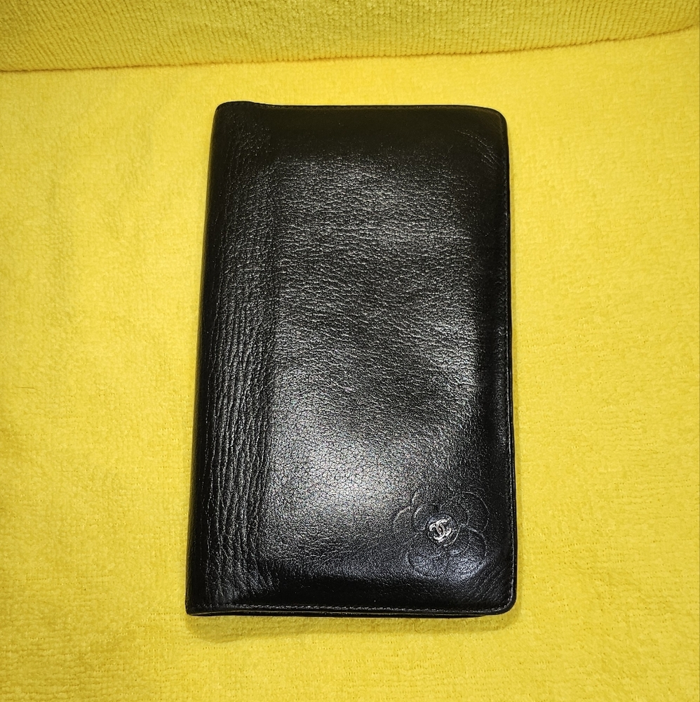 CHANEL  long wallet butterfly camellia black leather